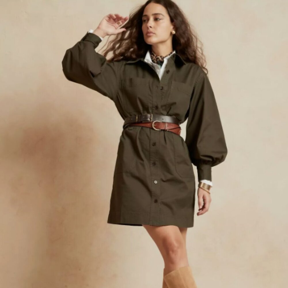 Banana Republic Utility Safari Mini Shirtdress Long Balloon Sleeve Camo Green XS - Picture 1 of 8